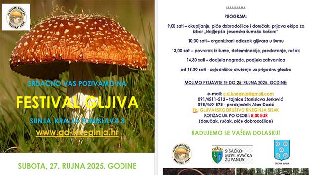Festival gljiva u Sunji - subota 27. rujna 2025. godine